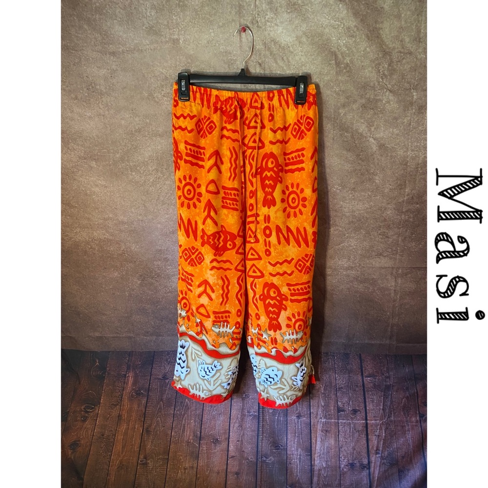 Masi pants-100% rayon-orange/red/beige/blue-fish pattern-size Medium-EUC